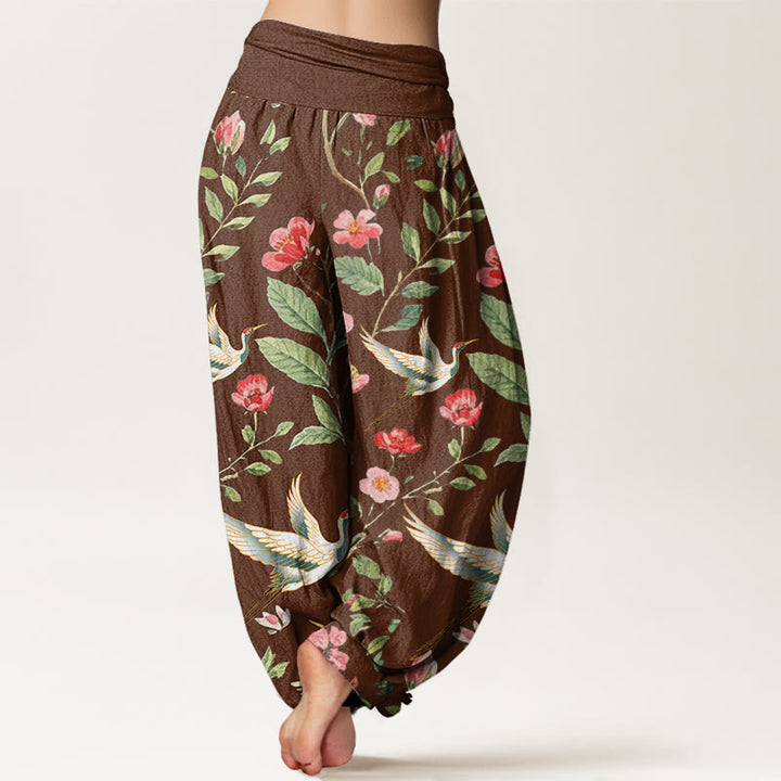 Buddha Stones Casual Red Flowers Crane Pattern Women's Elastic Waist Harem Pants - image 7
