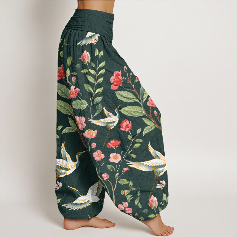 Buddha Stones Casual Red Flowers Crane Pattern Women's Elastic Waist Harem Pants - image 9
