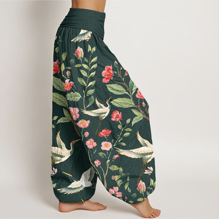 Buddha Stones Casual Red Flowers Crane Pattern Women's Elastic Waist Harem Pants - image 9