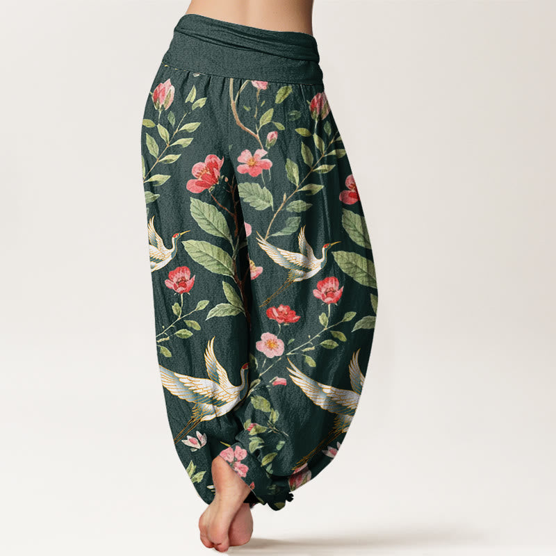 Buddha Stones Casual Red Flowers Crane Pattern Women's Elastic Waist Harem Pants - image 10