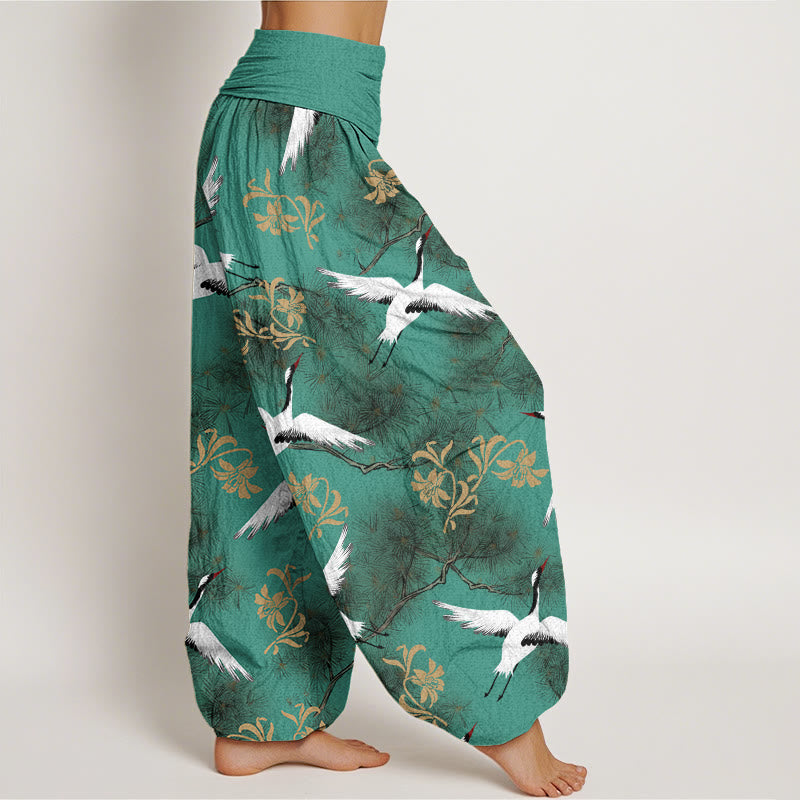 Buddha Stones Casual Red-crowned Crane Pine Tree Pattern Women's Elastic Waist Harem Pants - image 2