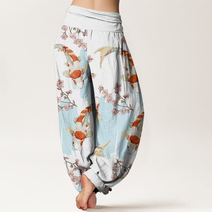Buddha Stones Casual Koi Fish Cherry Blossom Pattern Women's Elastic Waist Harem Pants - image 3
