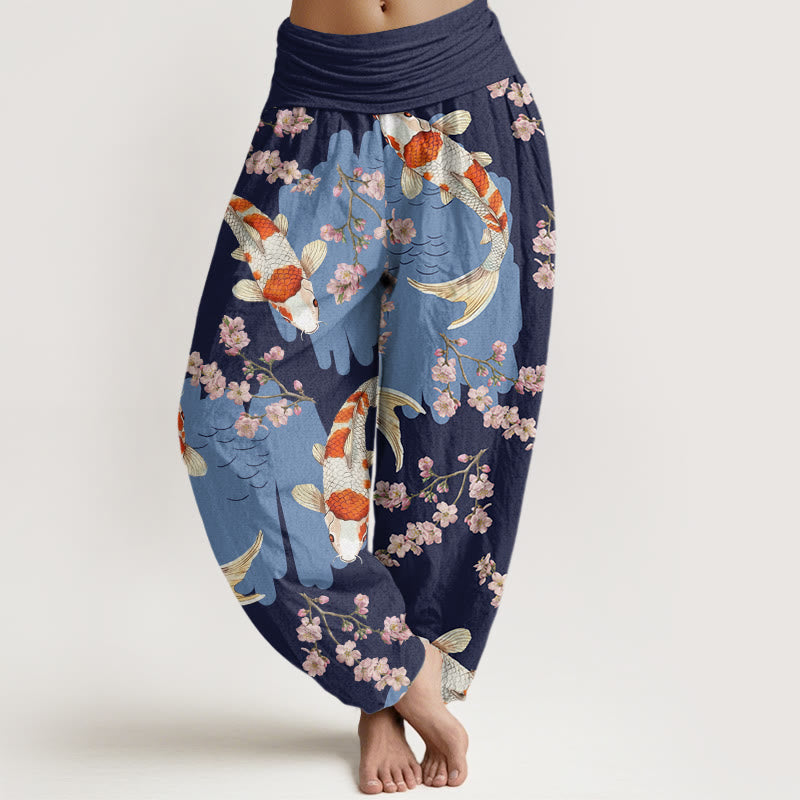 Buddha Stones Casual Koi Fish Cherry Blossom Pattern Women's Elastic Waist Harem Pants - MidnightBlue - US22,UK/AU26,EU54 (6XL) - image 8