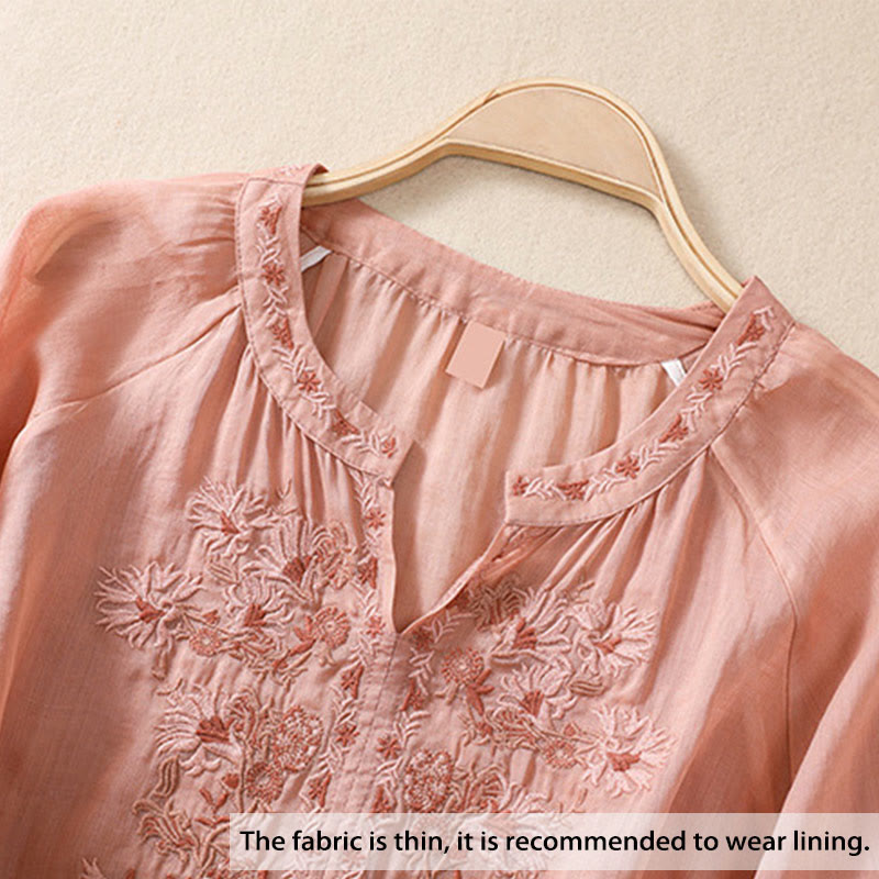 Buddha Stones Embroiderd Design Women's Cotton Linen Three Quarter Sleeve Shirt