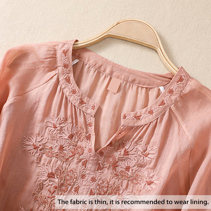 Buddha Stones Embroiderd Design Women's Cotton Linen Three Quarter Sleeve Shirt