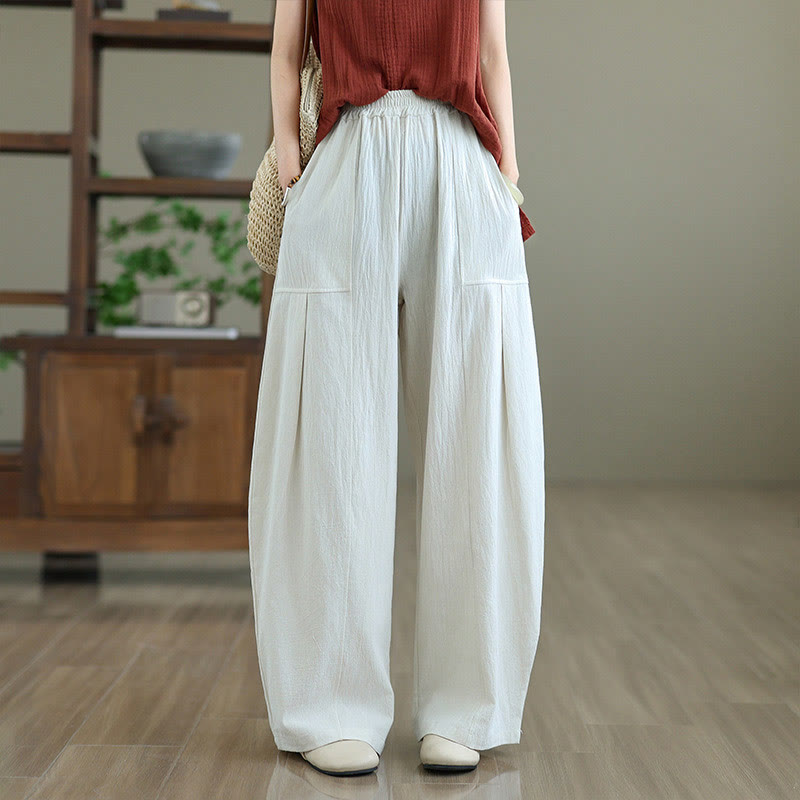 Buddha Stones Plain Pleated Design Ankle-Length Women's Cotton Linen Pants With Pockets - image 9