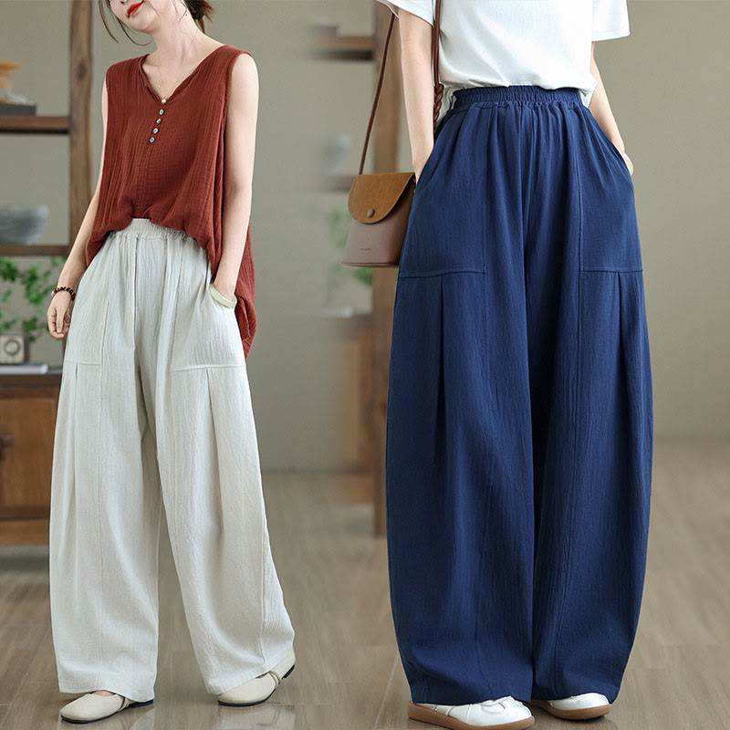 Buddha Stones Plain Pleated Design Ankle-Length Women's Cotton Linen Pants With Pockets - image 20