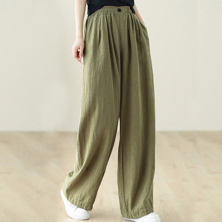 Buddha Stones Commute Button Design Women's Cotton Linen Elastic Waistband Pants With Pockets - image 7