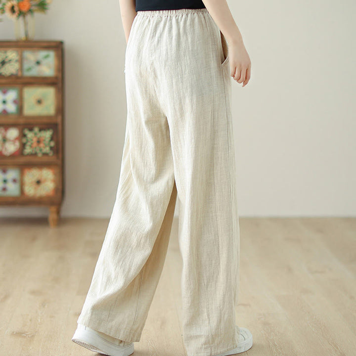 Buddha Stones Commute Button Design Women's Cotton Linen Elastic Waistband Pants With Pockets - image 13