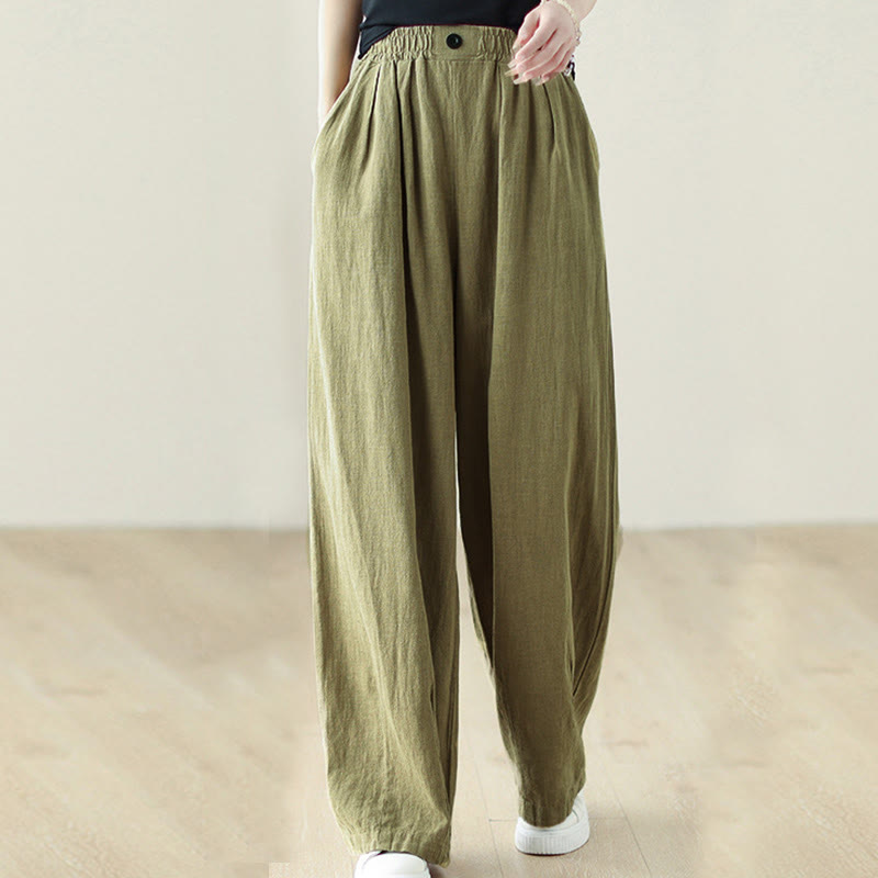 Buddha Stones Commute Button Design Women's Cotton Linen Elastic Waistband Pants With Pockets - image 5