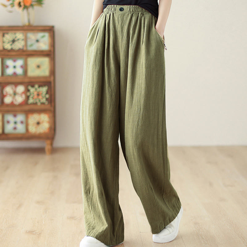 Buddha Stones Commute Button Design Women's Cotton Linen Elastic Waistband Pants With Pockets - OliveDrab - US12,UK/AU16,EU44 (3XL) - image 3