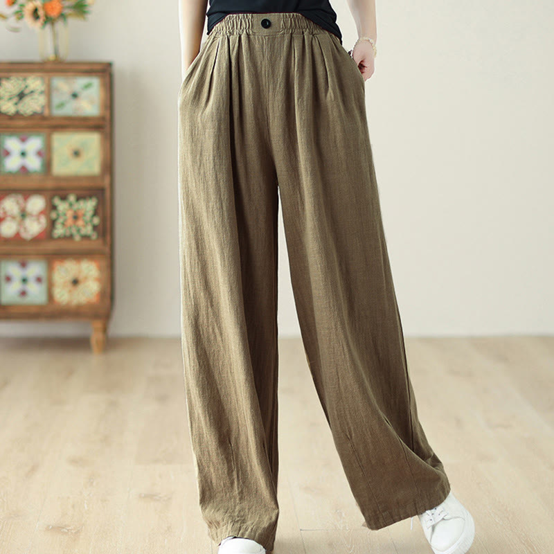 Buddha Stones Commute Button Design Women's Cotton Linen Elastic Waistband Pants With Pockets - image 2