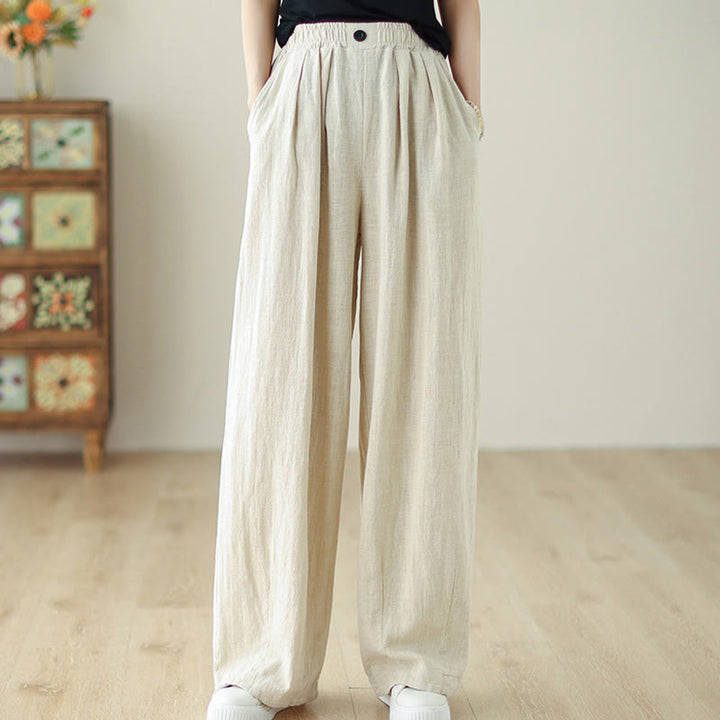 Buddha Stones Commute Button Design Women's Cotton Linen Elastic Waistband Pants With Pockets - image 15
