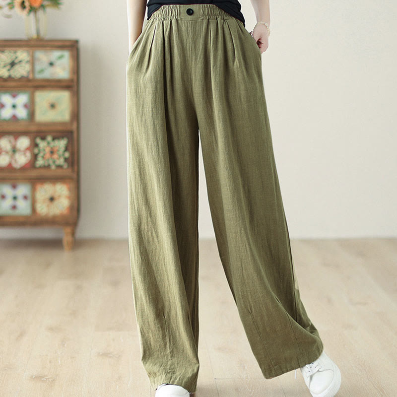 Buddha Stones Commute Button Design Women's Cotton Linen Elastic Waistband Pants With Pockets - image 6