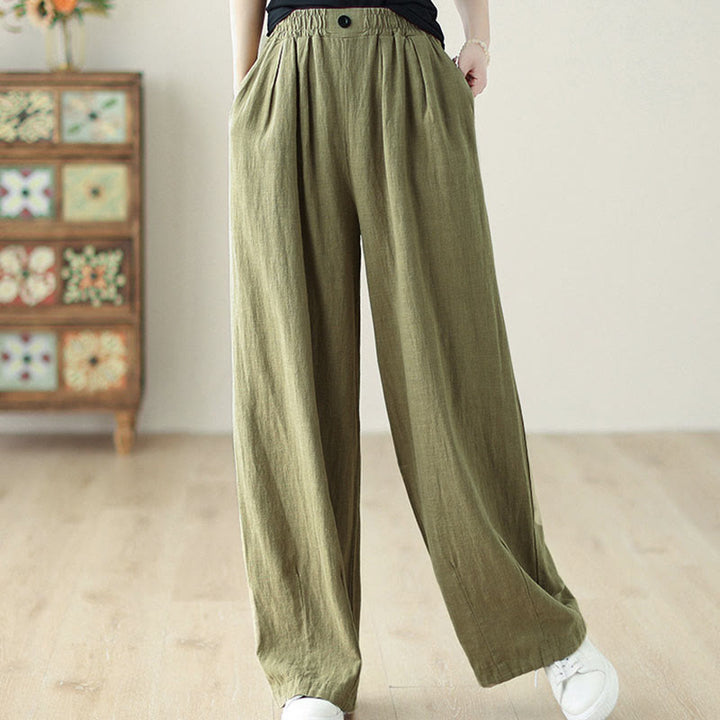 Buddha Stones Commute Button Design Women's Cotton Linen Elastic Waistband Pants With Pockets - image 6