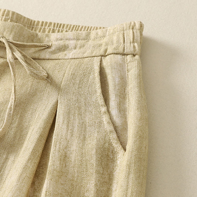 Buddha Stones Summer Plain Drawstring Zipper Design Women's Wide Leg Cotton Pants With Pockets - image 7