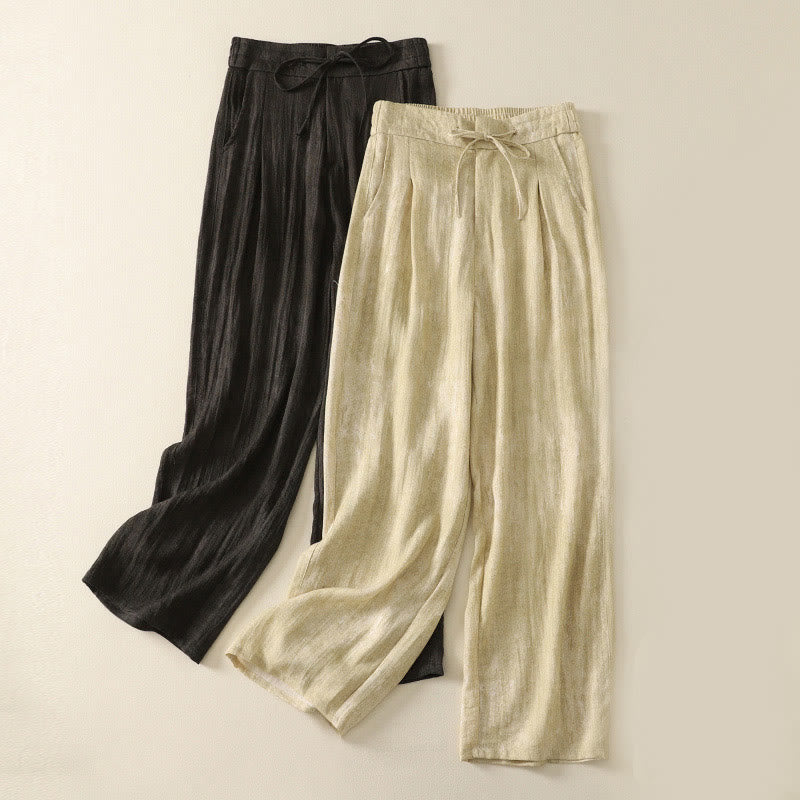 Buddha Stones Summer Plain Drawstring Zipper Design Women's Wide Leg Cotton Pants With Pockets - image 17