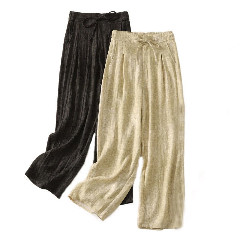 Buddha Stones Summer Plain Drawstring Zipper Design Women's Wide Leg Cotton Pants With Pockets - image 18