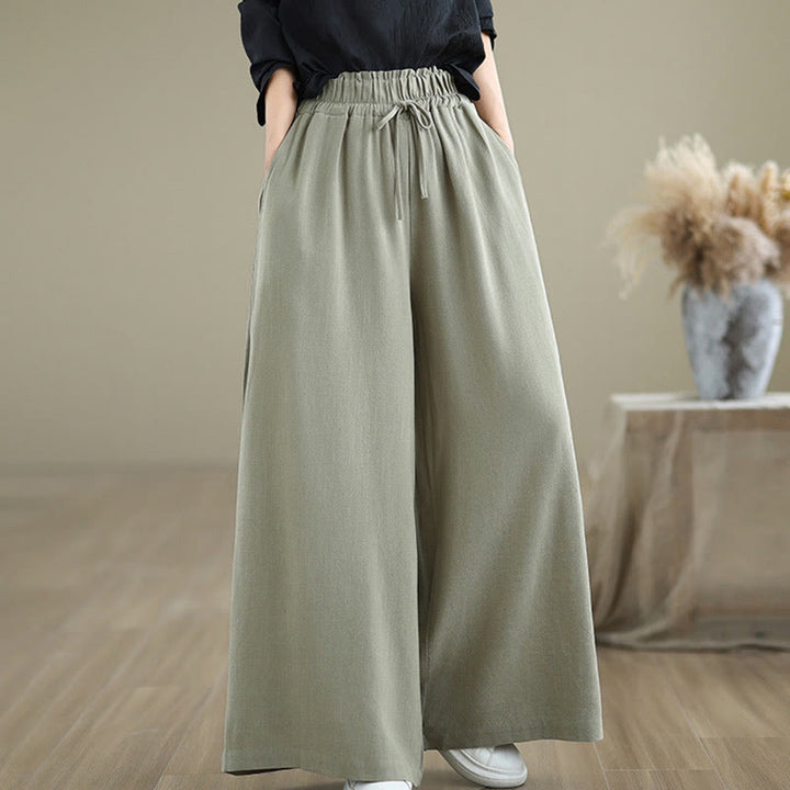 Buddha Stones Commute Plain Simple Lace-Up Design Women's Wide Leg Cotton Linen Pants With Pockets - image 4