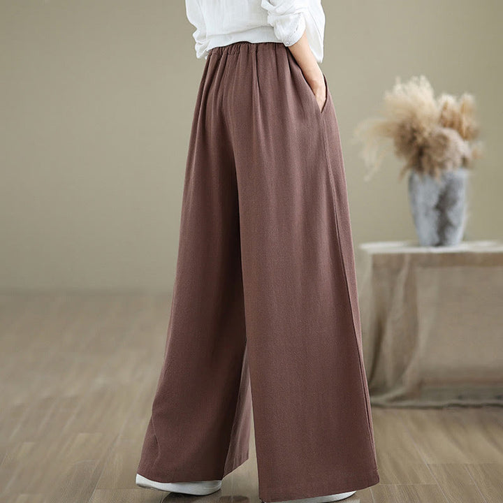 Buddha Stones Commute Plain Simple Lace-Up Design Women's Wide Leg Cotton Linen Pants With Pockets - image 15