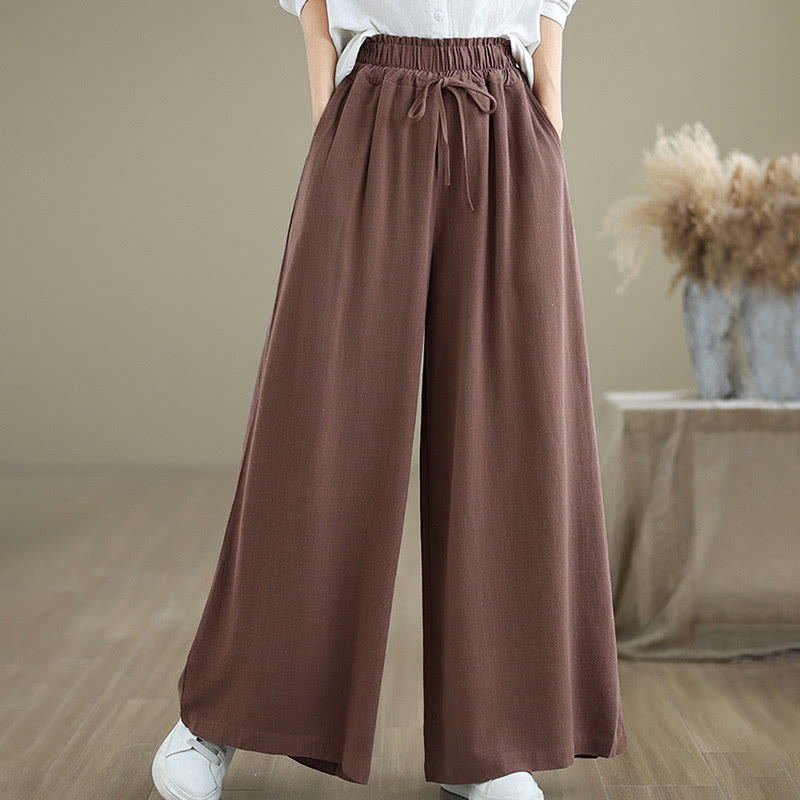 Buddha Stones Commute Plain Simple Lace-Up Design Women's Wide Leg Cotton Linen Pants With Pockets - image 12