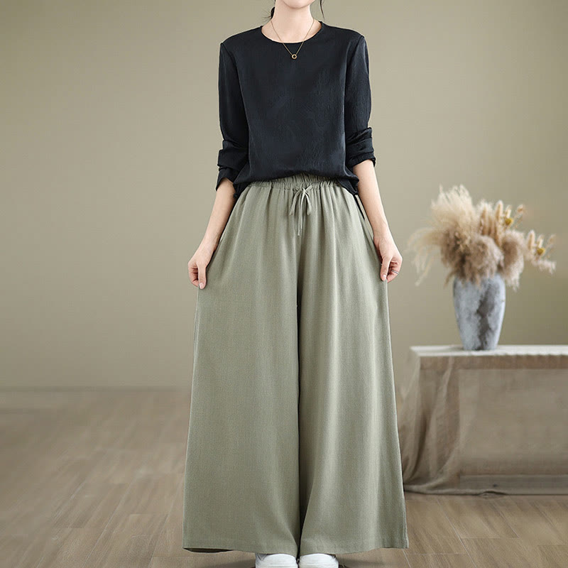 Buddha Stones Commute Plain Simple Lace-Up Design Women's Wide Leg Cotton Linen Pants With Pockets - image 5