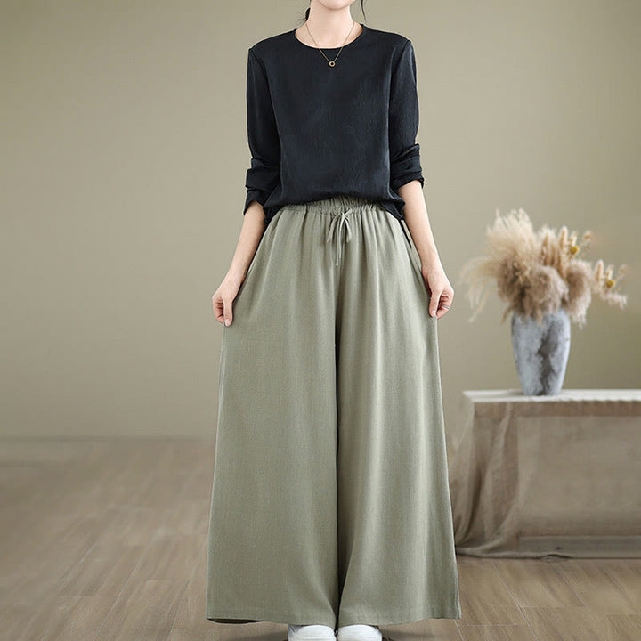Buddha Stones Commute Plain Simple Lace-Up Design Women's Wide Leg Cotton Linen Pants With Pockets - image 5