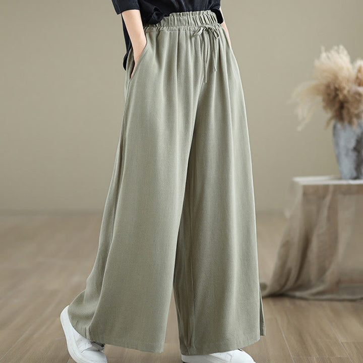 Buddha Stones Commute Plain Simple Lace-Up Design Women's Wide Leg Cotton Linen Pants With Pockets - image 3