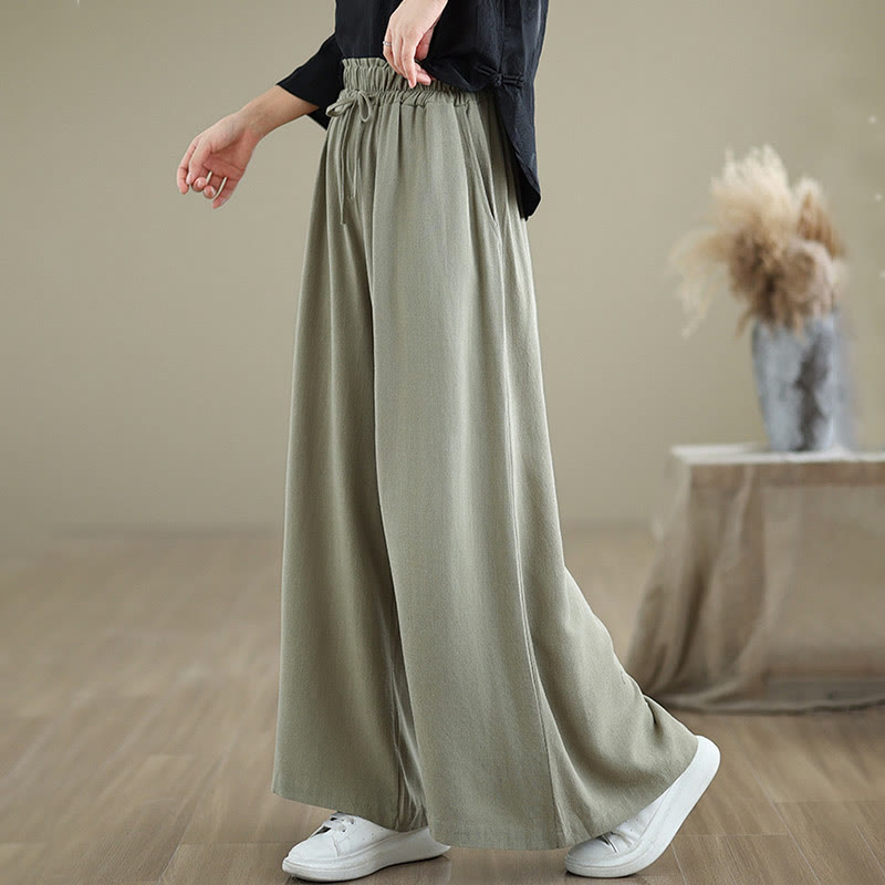 Buddha Stones Commute Plain Simple Lace-Up Design Women's Wide Leg Cotton Linen Pants With Pockets - image 2