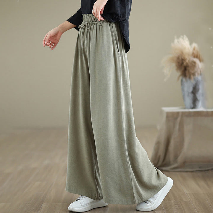 Buddha Stones Commute Plain Simple Lace-Up Design Women's Wide Leg Cotton Linen Pants With Pockets - image 2