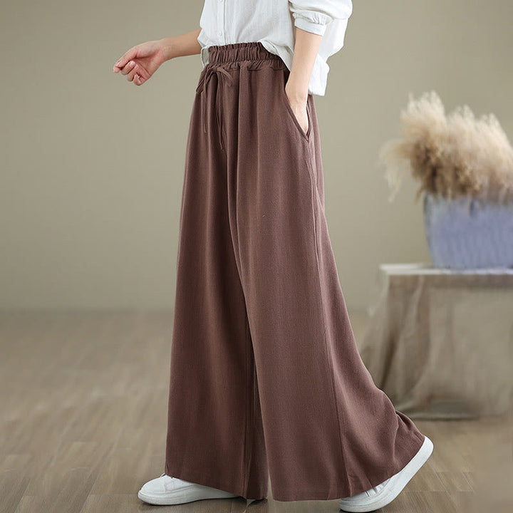 Buddha Stones Commute Plain Simple Lace-Up Design Women's Wide Leg Cotton Linen Pants With Pockets - image 14
