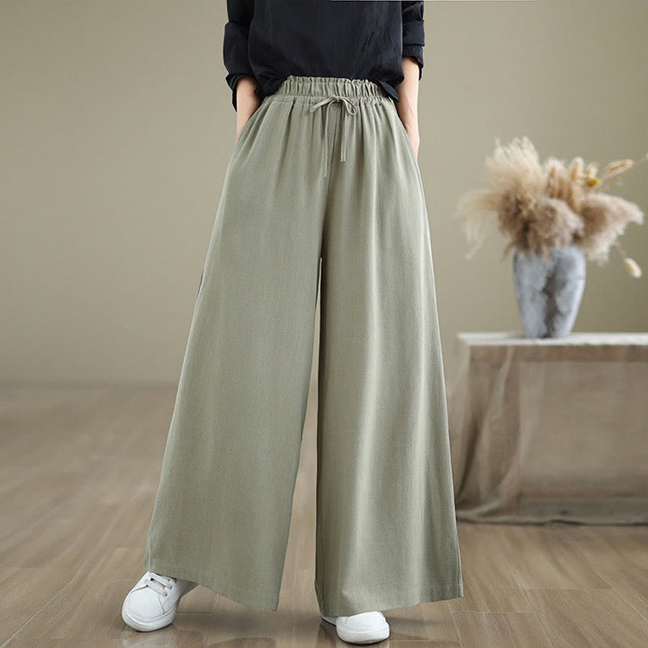 Buddha Stones Commute Plain Simple Lace-Up Design Women's Wide Leg Cotton Linen Pants With Pockets - DarkSeaGreen - US6,UK/AU10,EU38 (XL) - image 1