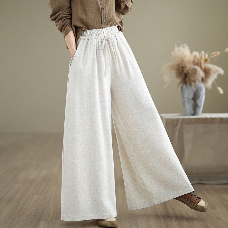 Buddha Stones Commute Plain Simple Lace-Up Design Women's Wide Leg Cotton Linen Pants With Pockets - image 21