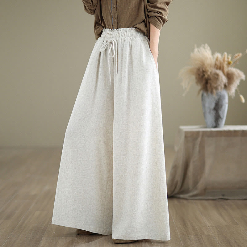 Buddha Stones Commute Plain Simple Lace-Up Design Women's Wide Leg Cotton Linen Pants With Pockets - GhostWhite - US6,UK/AU10,EU38 (XL) - image 17