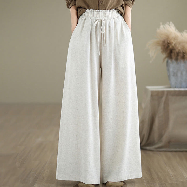 Buddha Stones Commute Plain Simple Lace-Up Design Women's Wide Leg Cotton Linen Pants With Pockets - image 18