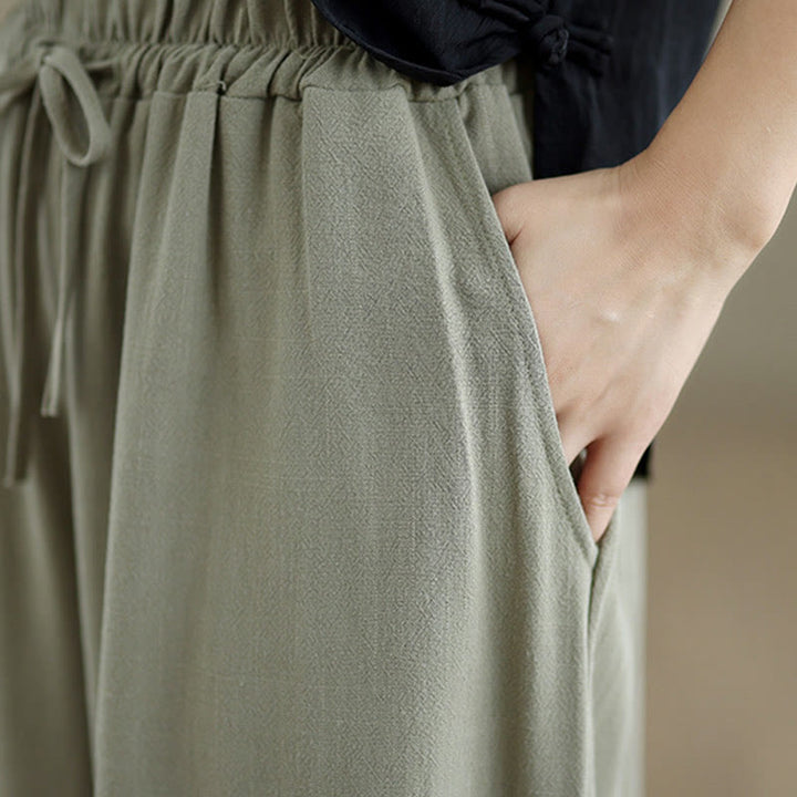 Buddha Stones Commute Plain Simple Lace-Up Design Women's Wide Leg Cotton Linen Pants With Pockets - image 7