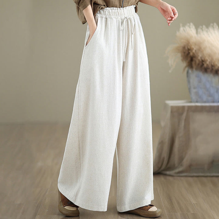 Buddha Stones Commute Plain Simple Lace-Up Design Women's Wide Leg Cotton Linen Pants With Pockets - image 19