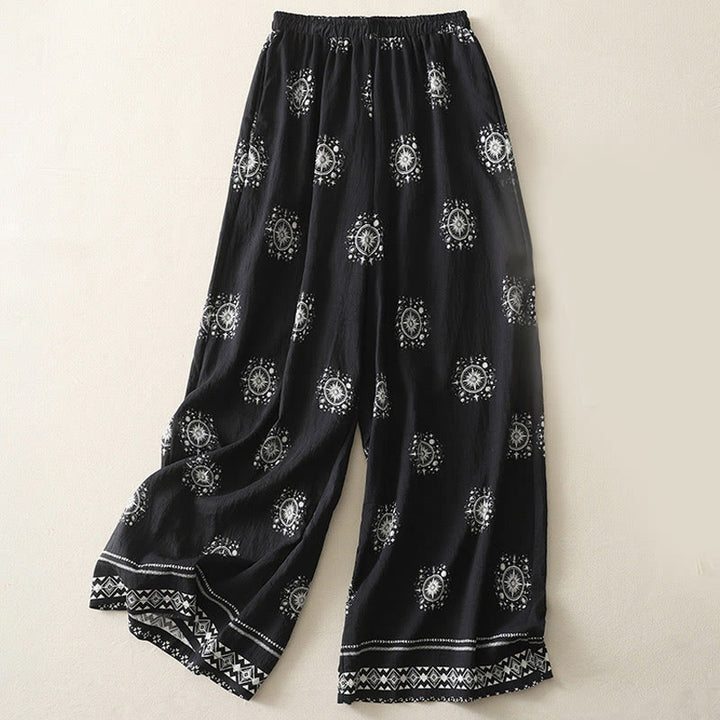 Buddha Stones Bohemian Printing Celestial Pattern Women's Wide Leg Cotton Pants With Pockets - Black - US8-10,UK/AU12-14,EU40-42 (2XL) - image 1