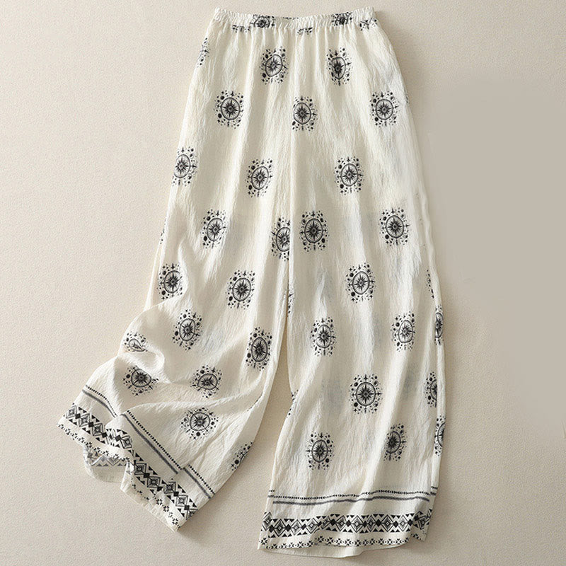 Buddha Stones Bohemian Printing Celestial Pattern Women's Wide Leg Cotton Pants With Pockets - White - US8-10,UK/AU12-14,EU40-42 (2XL) - image 5