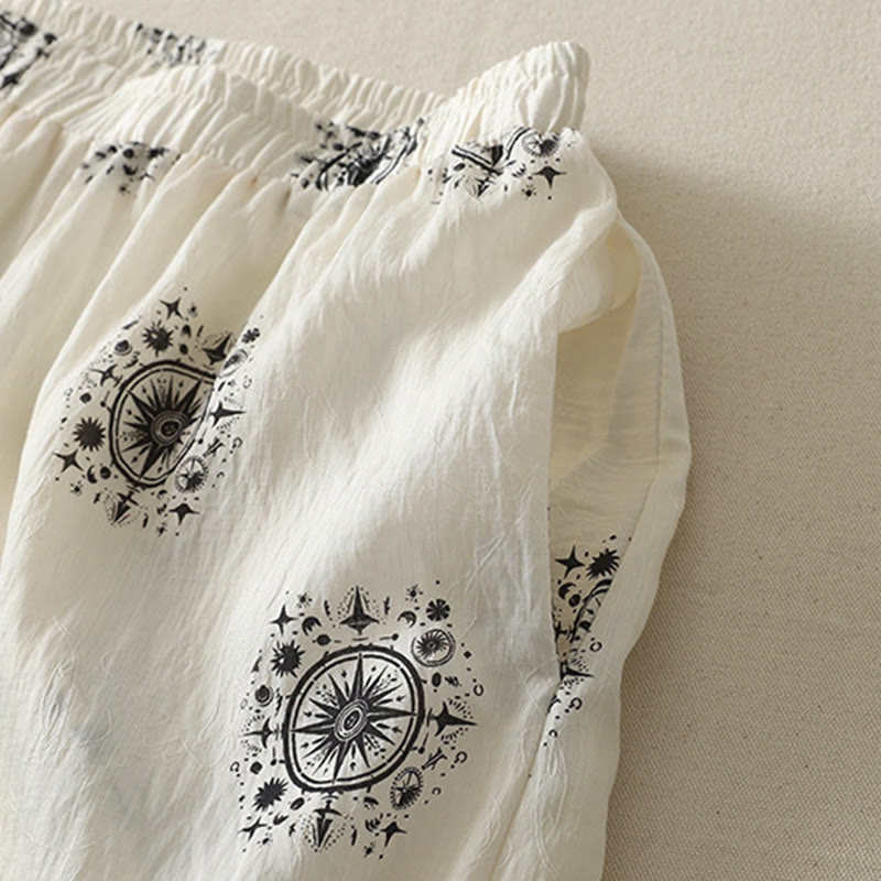 Buddha Stones Bohemian Printing Celestial Pattern Women's Wide Leg Cotton Pants With Pockets - image 9