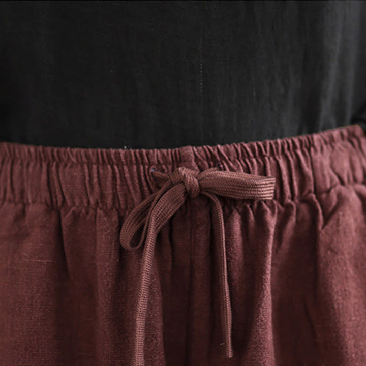 Buddha Stones Commute Retro Solid Color Women's Harem Drawstring Cotton Pants With Pockets - image 12