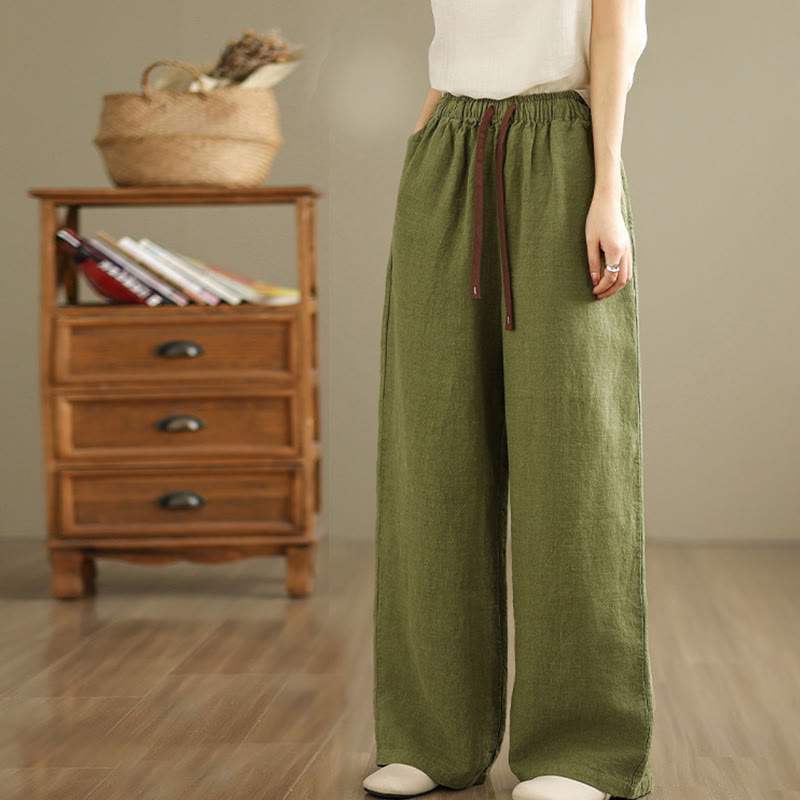 Buddha Stones Commute Retro Solid Color Women's Harem Drawstring Cotton Pants With Pockets - image 3