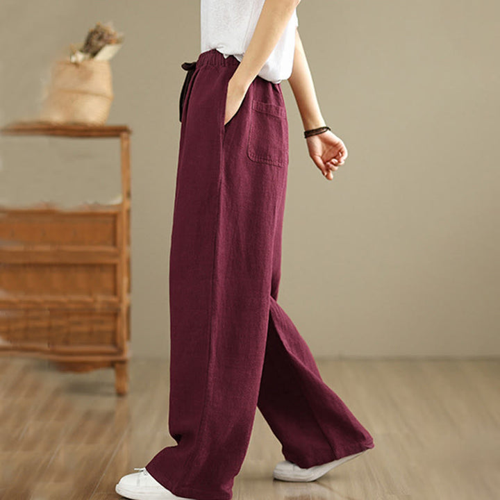 Buddha Stones Commute Retro Solid Color Women's Harem Drawstring Cotton Pants With Pockets - image 22