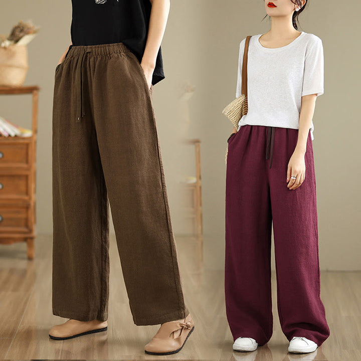 Buddha Stones Commute Retro Solid Color Women's Harem Drawstring Cotton Pants With Pockets - image 25