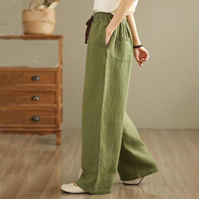 Buddha Stones Commute Retro Solid Color Women's Harem Drawstring Cotton Pants With Pockets - image 5
