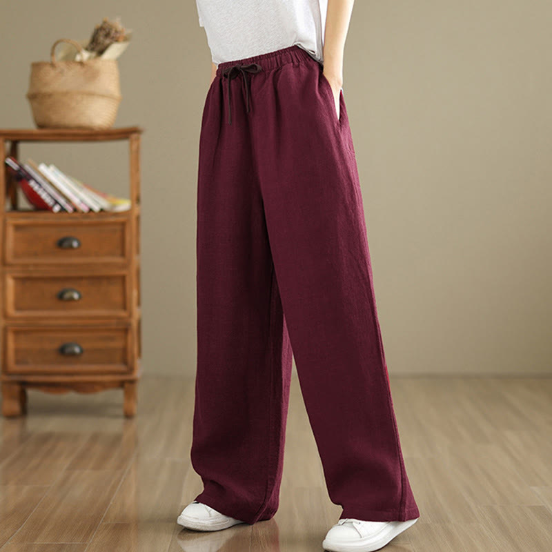 Buddha Stones Commute Retro Solid Color Women's Harem Drawstring Cotton Pants With Pockets - image 23