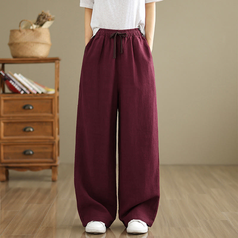 Buddha Stones Commute Retro Solid Color Women's Harem Drawstring Cotton Pants With Pockets - image 20