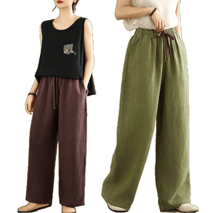 Buddha Stones Commute Retro Solid Color Women's Harem Drawstring Cotton Pants With Pockets - image 26