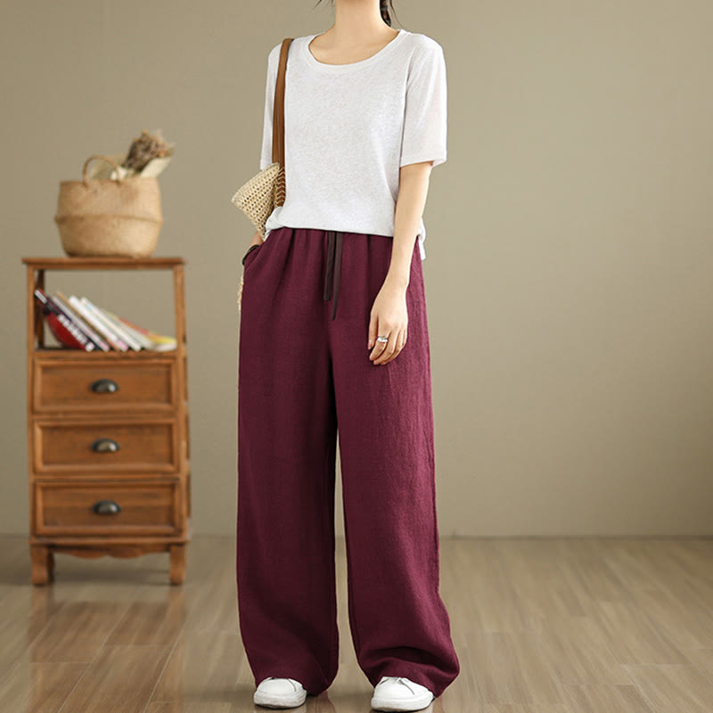 Buddha Stones Commute Retro Solid Color Women's Harem Drawstring Cotton Pants With Pockets - image 24