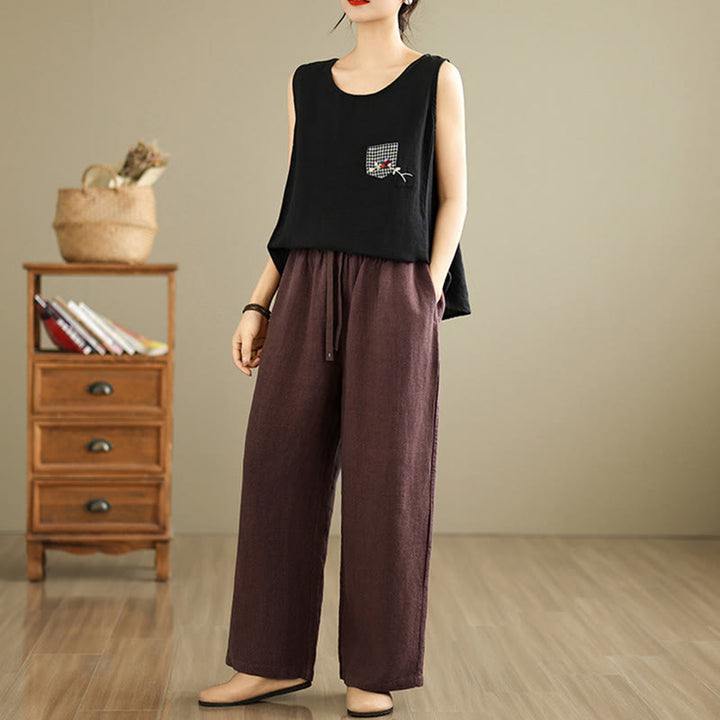Buddha Stones Commute Retro Solid Color Women's Harem Drawstring Cotton Pants With Pockets - image 11